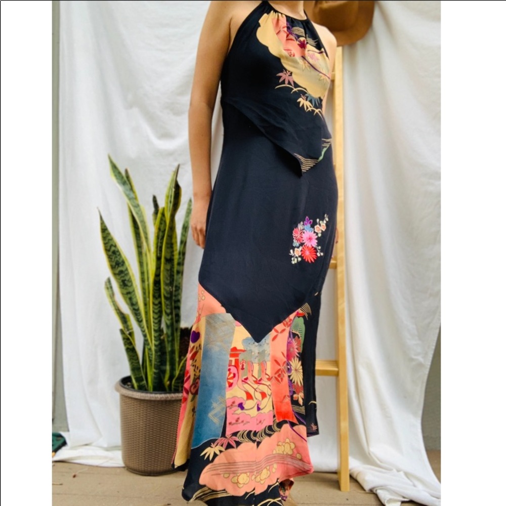 Vintage 90s Sue Wong Black Asymmetrical Halter Sundress